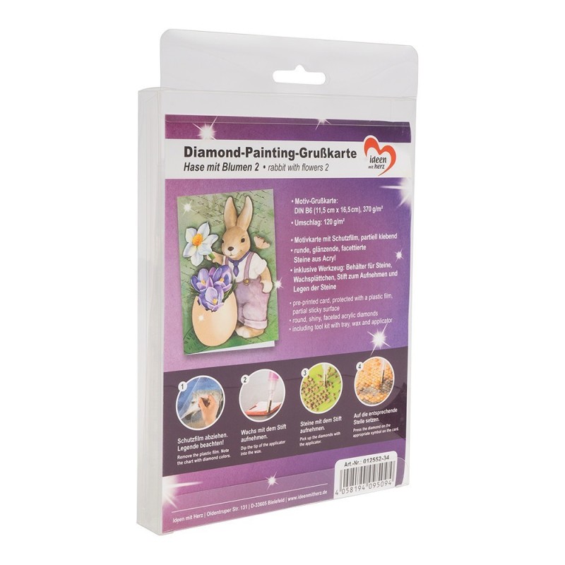 Diamond painting, kartka okolicznościowa, Zając z kwiatami, 11,5x16,5 cm