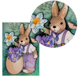 Diamond painting, kartka okolicznościowa, Zając z kwiatami, 11,5x16,5 cm