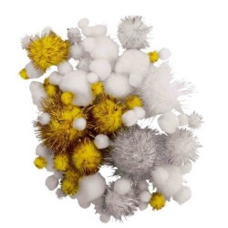 Pompony, białe, złote, srebrne,  100 szt, rozm. 0,8-4,5cm