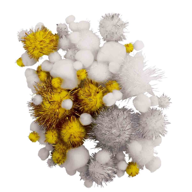 Pompony, białe, złote, srebrne,  100 szt, rozm. 0,8-4,5cm