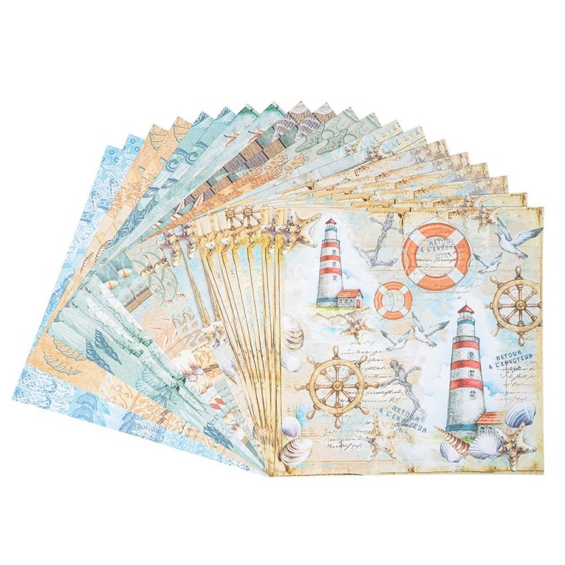 Zestaw papierów, morskie wzory, 20 kartek, 25x25cm