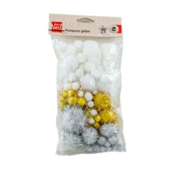 Pompony, białe, złote, srebrne,  100 szt, rozm. 0,8-4,5cm
